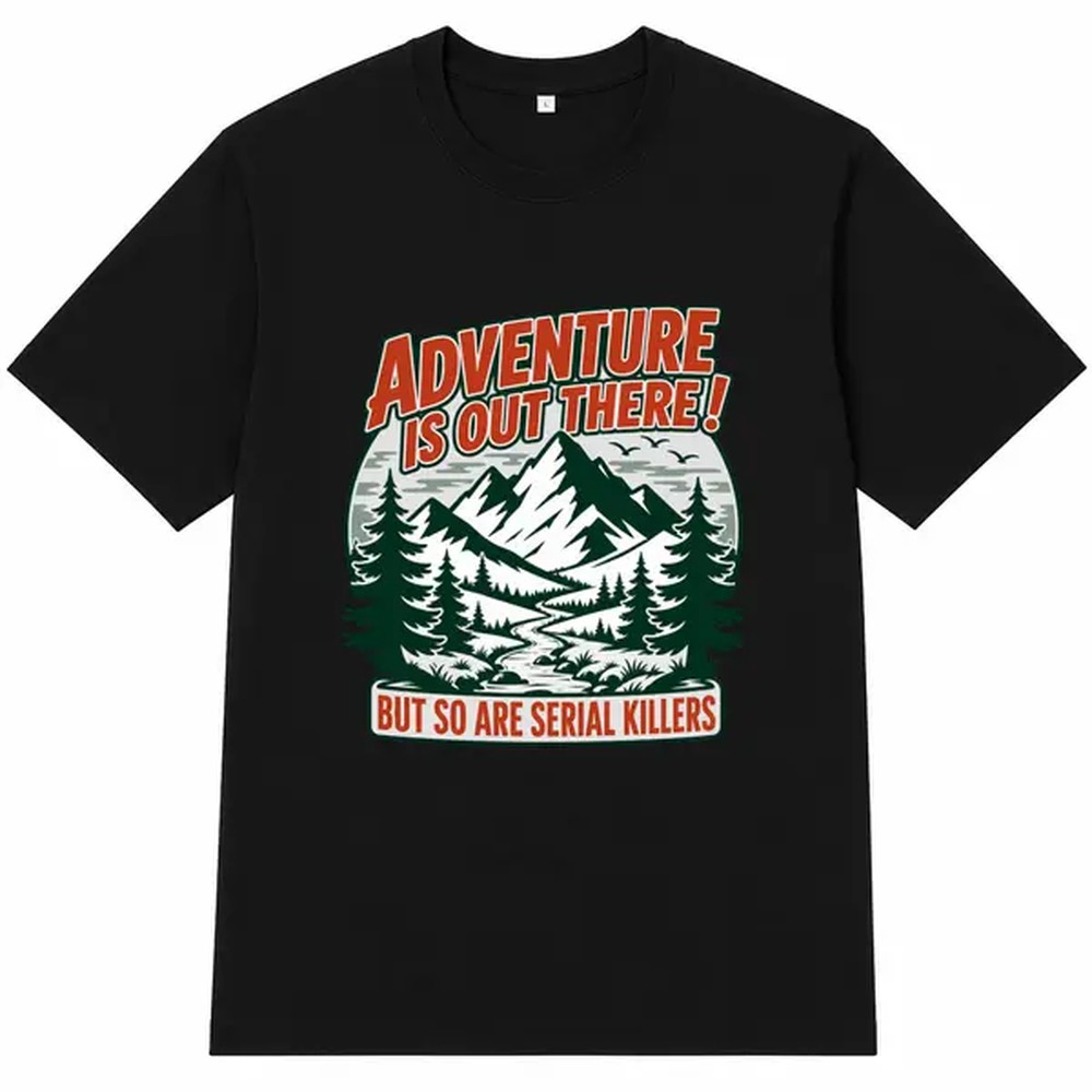Outdoor Camping Outfit - Kaos Hitam Bermotif Petualangan Alam, Kaos